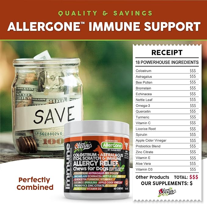 Dog Allergy Relief Chews | Itchy Skin Relief for Dogs | Colostrum Astralagus Omega 3 Bee Pollen Bromelain Echinacea Nettle Leaf Quercetin Licorice Root Spirulina ACV Immune - Pack of 1