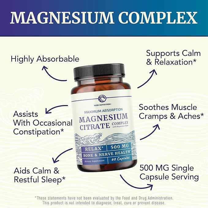 Magnesium Citrate Complex 500 MG for Constipation, Digestion, Calm & Relaxation Support | High Absorption Magnesium Supplement | Citrato de Magnesio | Non-GMO Soy-Free | 60 Mag Citrate Capsules
