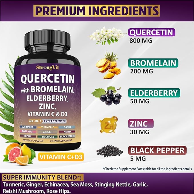 Quercetin with Bromelain, Elderberry, Vitamin C, D3 and Zinc. Super Immune Support Supplement. Organic Complex for Men & Women, Non-GMO, Gluten-Free, Vegan, USA