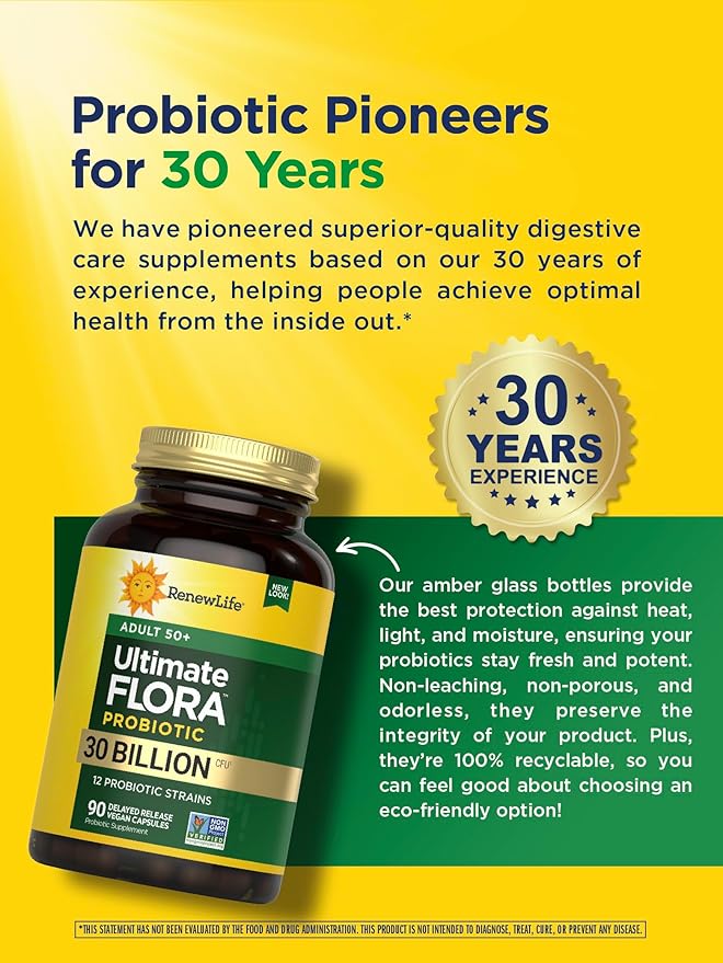 Renew Life Probiotic Adult 50 Plus Probiotic Capsules, Daily Supplement Supports Urinary, Digestive and Immune Health, L. Rhamnosus GG, Dairy, Soy and gluten-free, 30 Billion CFU, 90 Count