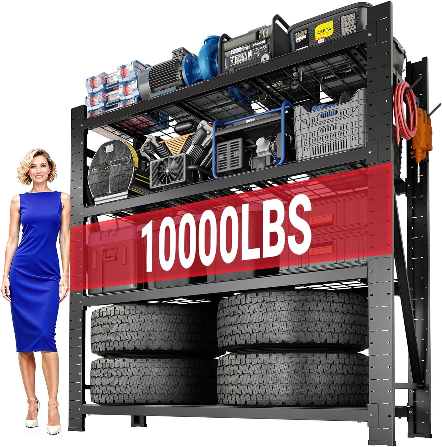 FLEXIMOUNTS Garage Shelving Heavy Duty, 49.6" W 4-Tier 10000LBS Industrial Shelving Unit with 4 Hooks, Adjustable Storage Shelves for Garage, Basement, Warehouse, 71" H x 49.6" W x 23.6" D