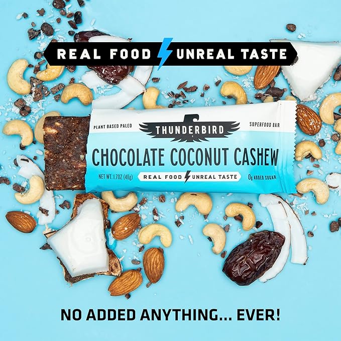 Thunderbird Bars Energy Snack, Gluten-Free with Protein, Healthy Real Food, Vegan Paleo Non-GMO, No Added Sugar, Chocolate Coconut Cashew Flavor (12 Count, 1.7 oz. Bars)