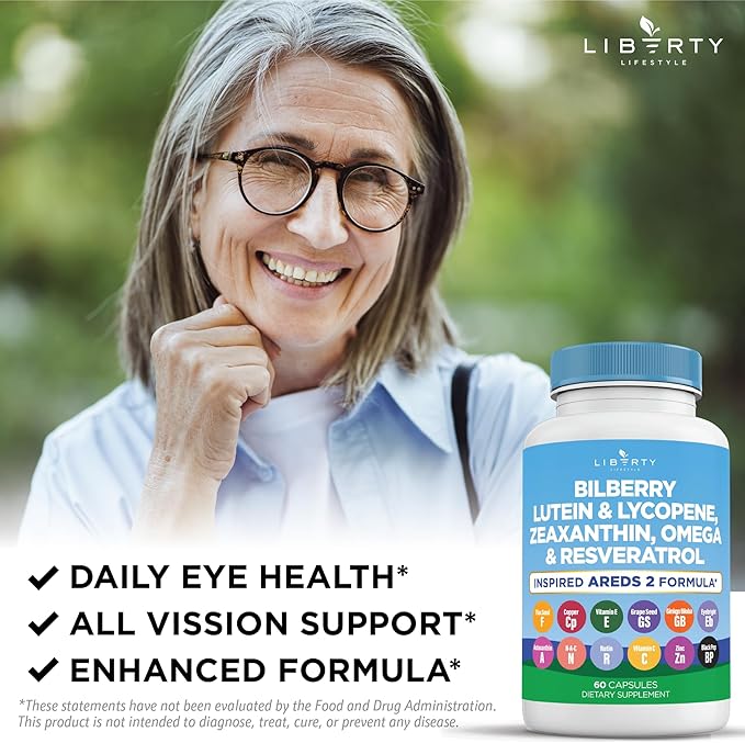 Eye Health Vitamins with Bilberry, Lutein & Zeaxanthin, Lycopene, Resveratrol, Grape Seed Extract Flaxseed Astaxanthin- AREDS 2-180 Capsules