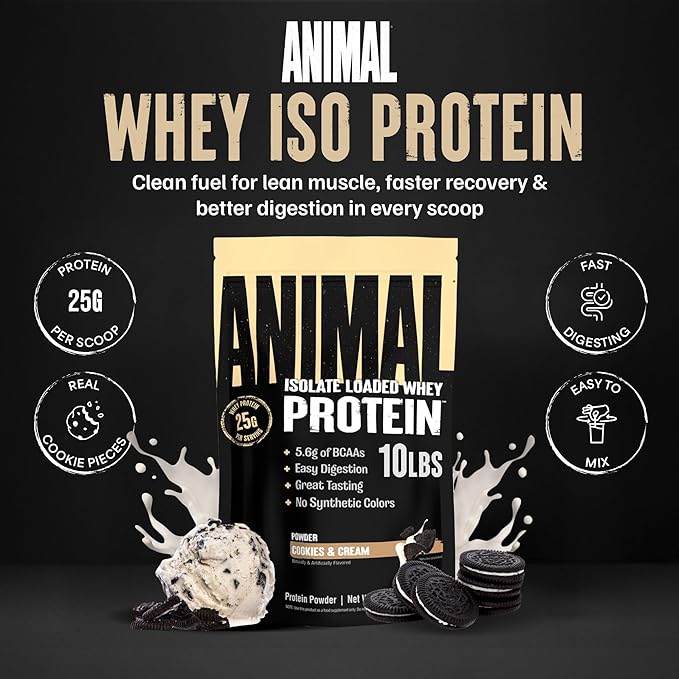 Animal Whey Isolate Protein Powder - Loaded for Pre & Post Workout Muscle Builder and Recovery with Digestive Enzymes for Men & Women - 25g Protein, Great Taste, Low Sugar - Cookies & Cream 10 lbs