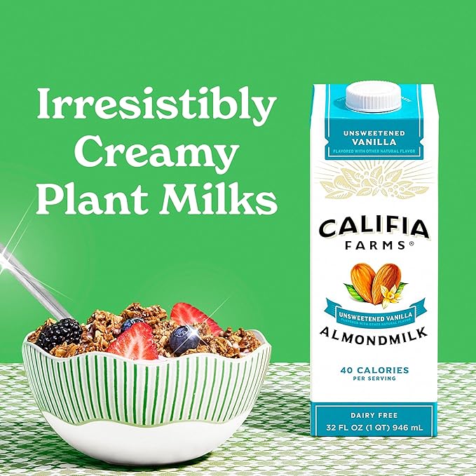 Califia Farms - Unsweetened Vanilla Almond Milk, 32 Oz (Pack of 6), Dairy Free, Vegan, Plant Based, Keto, Shelf Stable, Vegan, Gluten Free, Non GMO, Sugar Free, High Calcium, Smoothie