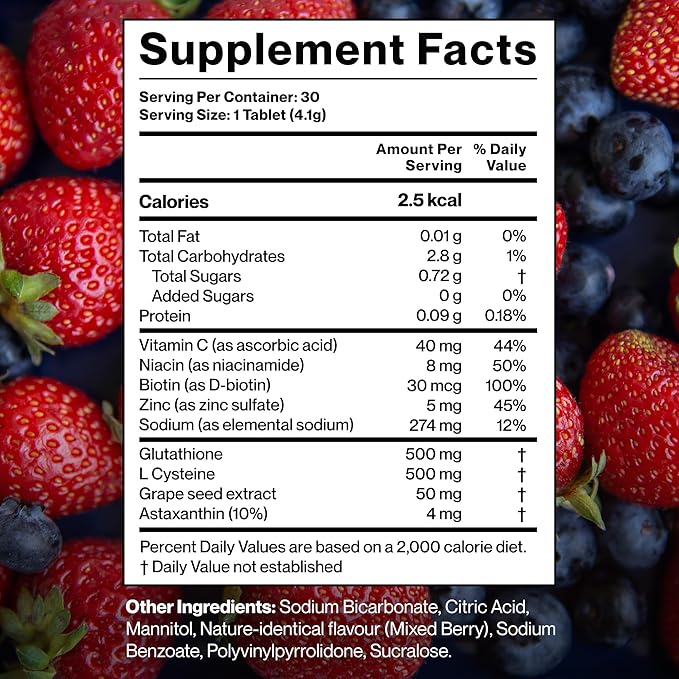 Glutathione Effervescent Tablets for Skin with 500mg L-Glutathione & Vitamin C | Sugar-Free Antioxidant Supplement for Clear, Glowing Complexion | Mixed Berry & Orange (Pack of 2) | 30 Tablets