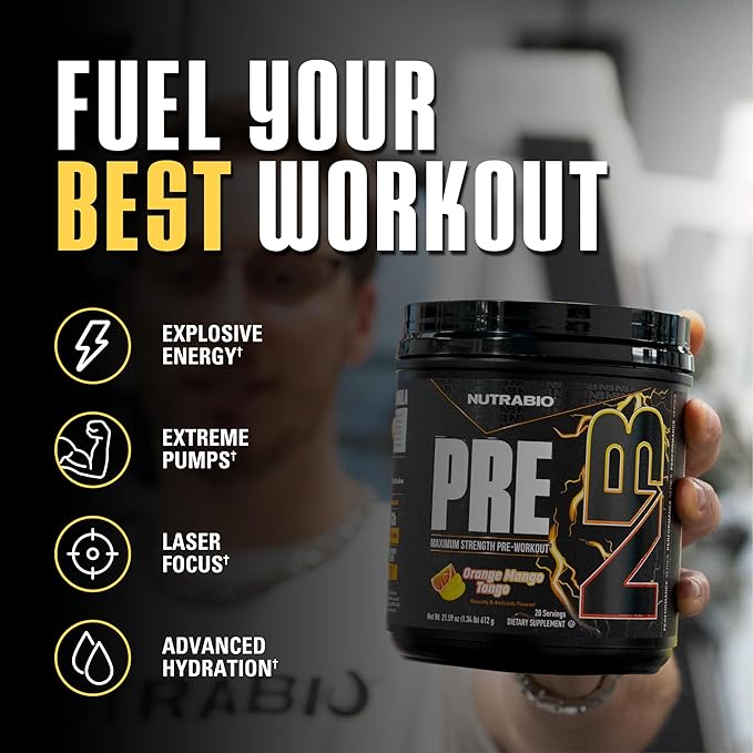 NutraBio PRE Workout Powder - New Formula- Sustained Energy, Mental Focus, Endurance - Beta Alanine, Caffeine, Electrolytes - 20 Servings - Orange Mango Tango