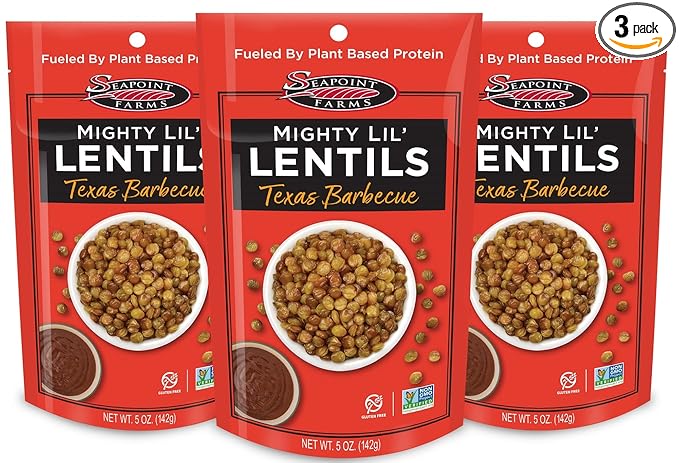Seapoint Farms Mighty Lil’ Lentils, Texas Barbecue, Plant Based Protein, Gluten-Free, Non-GMO, and Kosher Crunchy Snack for Healthy Snacking, 5 oz (Pack of 3)
