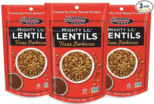 Seapoint Farms Mighty Lil’ Lentils, Texas Barbecue, Plant Based Protein, Gluten-Free, Non-GMO, and Kosher Crunchy Snack for Healthy Snacking, 5 oz (Pack of 3)