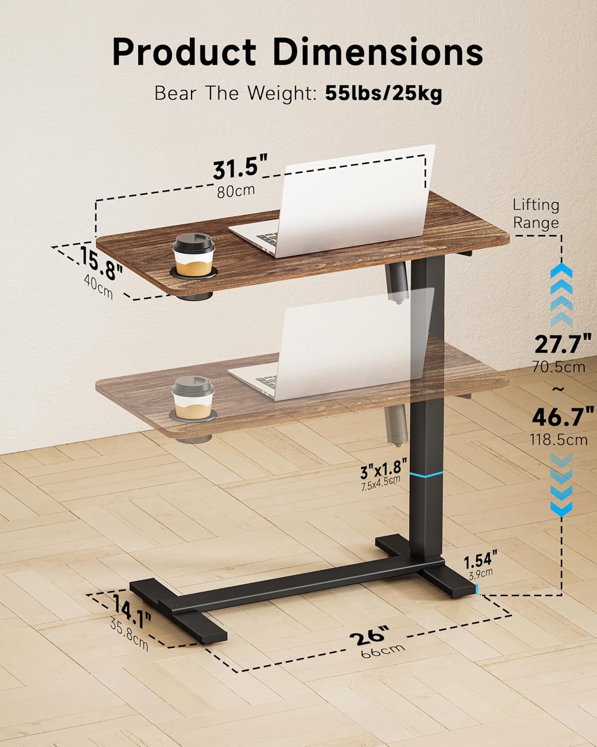 BIZUM Small Electric Standing Desk Bedside Table with Hidden Wheels 31.5 x 15.8 Inch Adjustable Computer Laptop Office Desk, Walnut