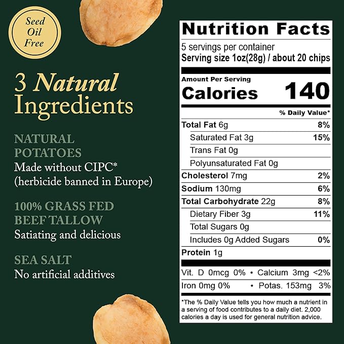 Vandy Crisps Potato Chips - Vegetable & Seed Oil Free Snacks - Gluten Free Potato Chip - Healthy Chips Made with Potatoes, Grass-Fed Beef Tallow, and Sea Salt - 6 Pack, 5 Ounce Each (Original)
