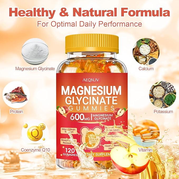 Magnesium Glycinate Gummies 600mg High Absorption, Magnesium Glycinate for Women and Men with Vitamin D, B6, and CoQ10 for Adults & Kids, Magnesium Supplement for Calm Support & Sleep, 120 Count