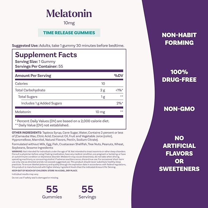 Natrol 10 mg Melatonin Gummies, Time Release Sleep Gummies for Adults, Minimize Wake Ups, Strawberry-Flavored, 55 Count, 55 Day Supply