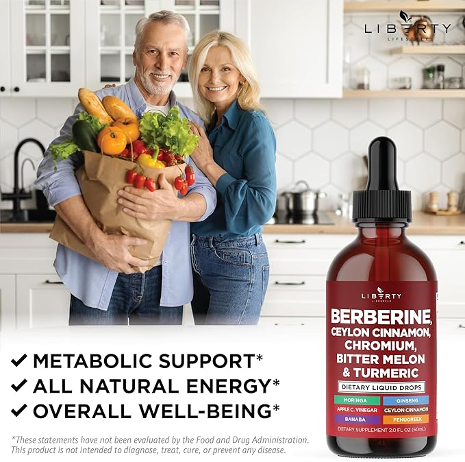 Berberine with Ceylon Cinnamon Supplement Liquid Drops + Bitter Melon Extract, Glucomannan, Gymnema, Chromium, Turmeric, Panax Ginseng, Moringa- 2 OZ