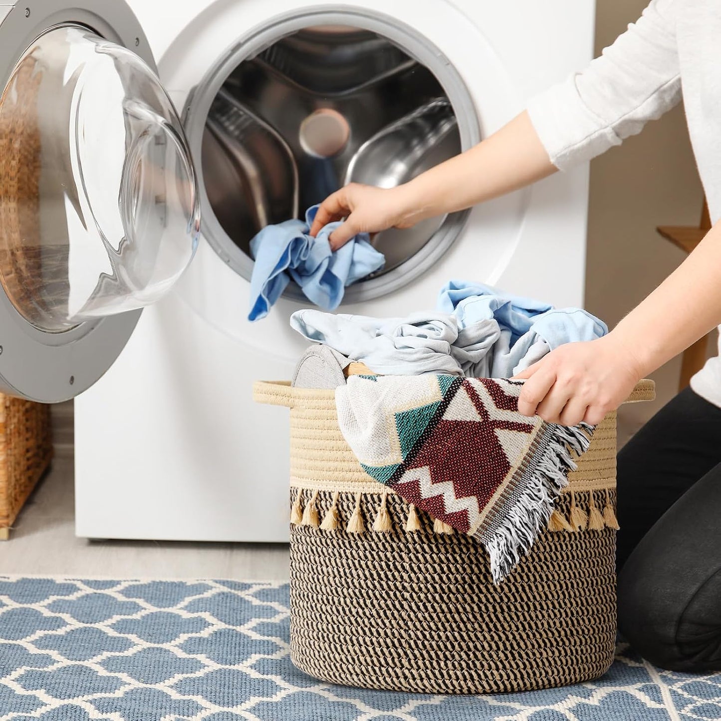 danpinera Pack of 3 Storage Baskets, 11"x11" Round Woven Baskets, Cotton Rope Basket for Storage Pillows, Towels, Toy, Clothes, Magazines, Black & Brown