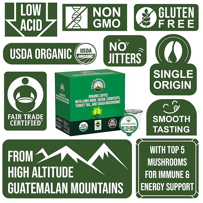 Organic Mushroom Coffee Pods with Lion's Mane, Reishi, Cordyceps, Turkey Tail, and Chaga Mushrooms. High Altitude, Low Acid, Smooth Tasting, Fair Trade, 72 Nootropic Coffee Pods (Medium Roast Ground)