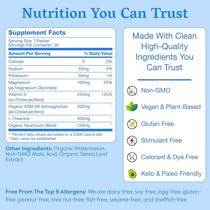 Nectar Calm Magnesium Glycinate Drink Mix - Sugar Free & Zero Calorie - with Organic Ashwagandha, Vitamin D, L-Theanine, Hydrating Electrolytes - Relax, Focus & Calm - Non-GMO (Watermelon 30 Sticks)
