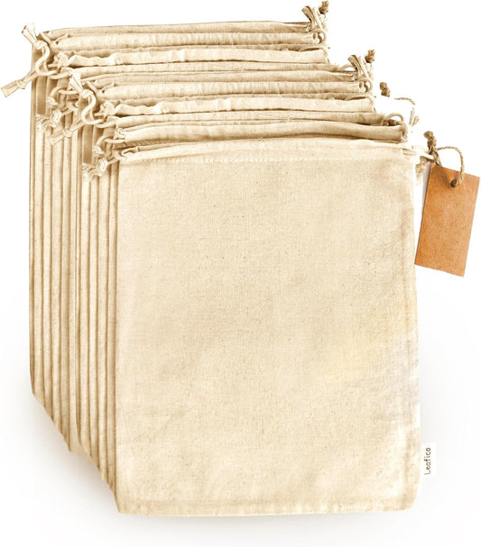 LEAFICO Multipurpose Eco Cloth Bags - Large 10x12 Inch (12 Pack) - Cotton Produce Storage Sacks - Muslin Drawstring Pouches for Vegetables - Bread Bags - Linen Fabric Sachets