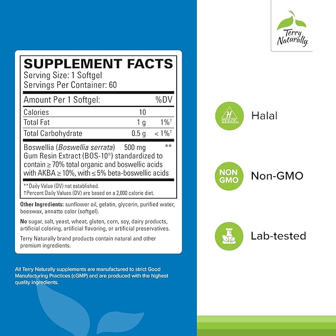 Terry Naturally BosMed 500 - Boswellia Serrata Extract Supplement - Dietary Supplement for Healthy Lung Support - Herbal Supplement Formula - 60 Softgels (Pack of 2)