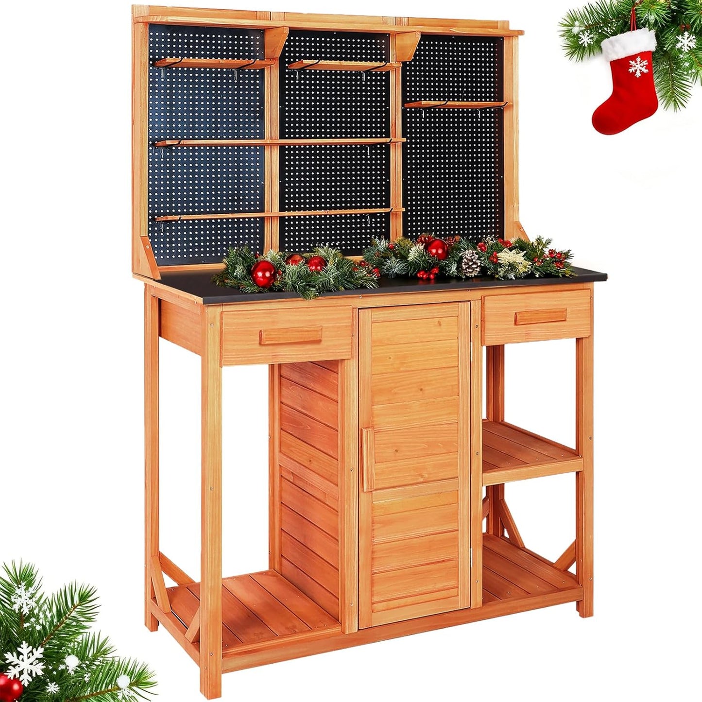 Outdoor Garden Potting Bench, Horticultural Wooden Workstation Table with Storage Drawer, Cabinet, Metal Pegboard, Adjustable Hooks and Shelves for Backyard, Patio, Greenhouse