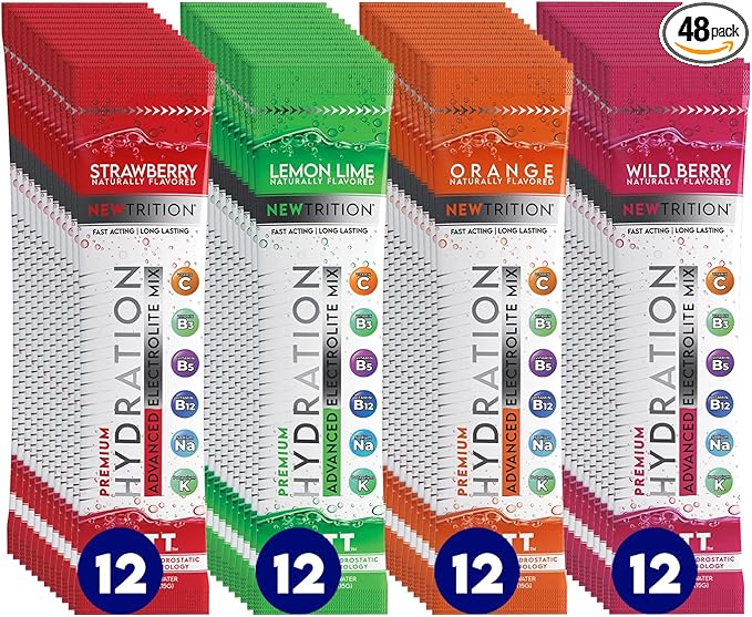 Hydration Powder, Electrolyte Powder Packets, Naturally Flavored Hydrating Packets for Water, Fast Acting Electrolytes with Vitamins, Lime, Strawberry, Orange, Wild Berry, 48 Servings