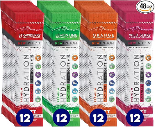 Hydration Powder, Electrolyte Powder Packets, Naturally Flavored Hydrating Packets for Water, Fast Acting Electrolytes with Vitamins, Lime, Strawberry, Orange, Wild Berry, 48 Servings