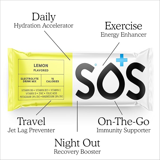 SOS Hydration Electrolyte Powder 8 Stick Packs – Low-Calorie, Rapid Rehydration, Made in USA, Keto (8 Servings, Lemon)