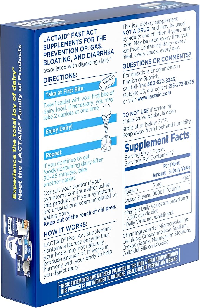 Lactaid Fast Act Lactose Intolerance Relief Caplets with Lactase Enzyme to Prevent Gas, Bloating & Diarrhea Due to Lactose Sensitivity, Ideal for Travel & On-The-Go, 12 Packs of 1-Count