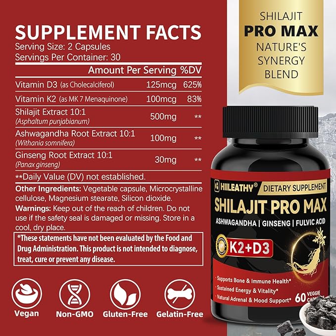 Shilajit for Men Women, Shilajit w/Vitamin D3 K2, Shilajits for Men w/Fulvic Acid Ashwagandha Ginseng Root, Shilajits for Extra Power Stamina Immune Support, Non-GMO Made in US 60 Capsules