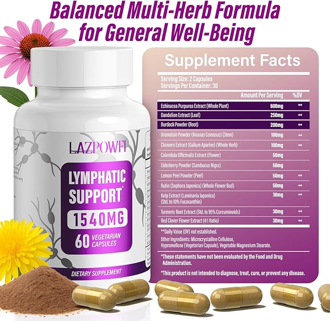 Lymphatic Drainage Supplements, 1540mg Lymph System Support Supplement for Women & Men with Dandelion, Burdock, Echinacea,Rutin, Turmeric,Cleavers & More, 60 Capsules