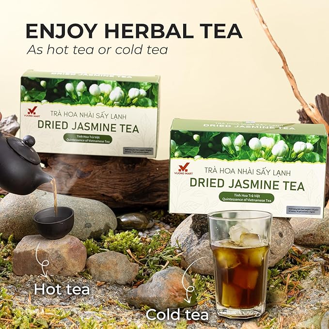 VUONGMART Dried Jasmine Buds Tea, 100% Hand Pick, Stevia, Honeyydew, Heat Pump Drying, Organic Herbal Tea, 30 Tea Bags, Gluten Free, Dairy Free, Sugar Free & Natural, Energy Boost & Health Support