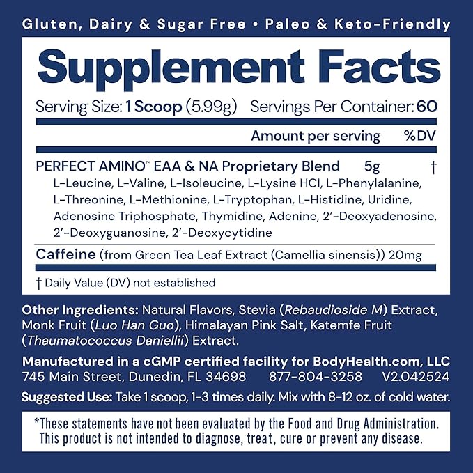 BodyHealth PerfectAmino Powder - BCAA and EAA Powder for Pre and Post Workout - Amino Acid Energy Drink for Men and Women to Support Lean Muscle and Recovery - Mocha - 60 Servings