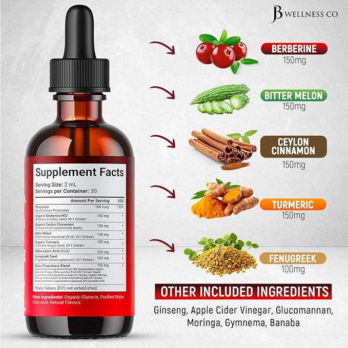 Berberine with Ceylon Cinnamon Supplement Liquid Drops + Bitter Melon Extract, Glucomannan, Gymnema, Chromium, Turmeric, Panax Ginseng, Moringa- 4 OZ