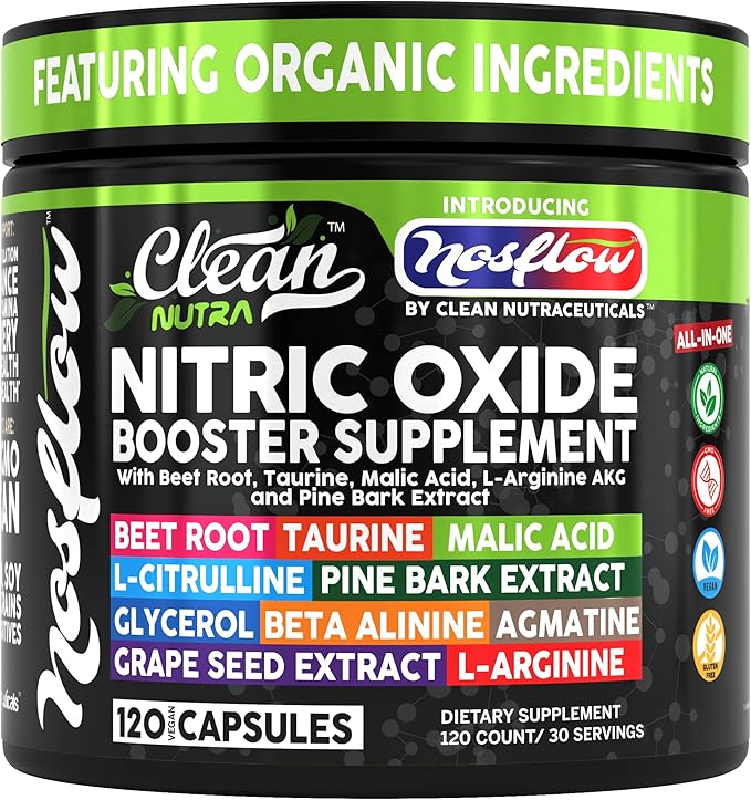 NosFlow Nitric Oxide Supplements for Men | Beet Root Taurine L-Arginine Malic Acid L-Arginine L-Citrulline Pine Bark Glycerol Agmatine Grape Seed Vitamin C B12 B3 by Clean Nutra