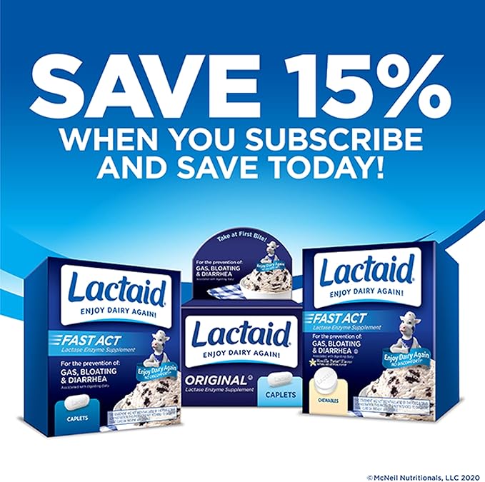 Lactaid Fast Act Lactose Intolerance Relief Chewables with Natural Lactase Enzyme to Prevent Gas, Bloating & Diarrhea Due to Lactose Sensitivity, On-the-Go, Vanilla Twist Flavor, 60 x 1 ct