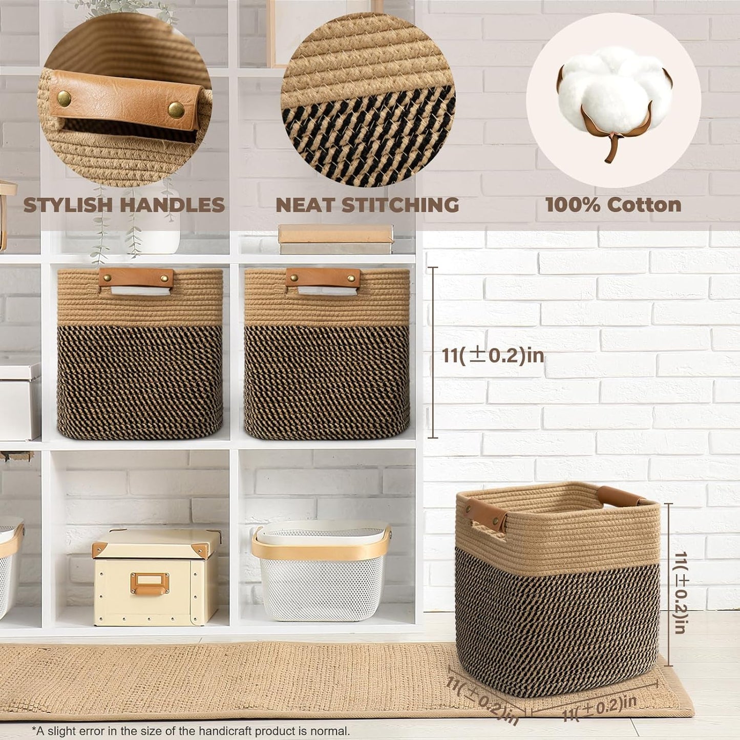 danpinera 3-Pack Cotton Rope Baskets for Storage, 11"x11" Cube Storage Cubes Store Towel, Snack, Storage Bins with Reinforced Stitching & Practical Handles, Black & Brown