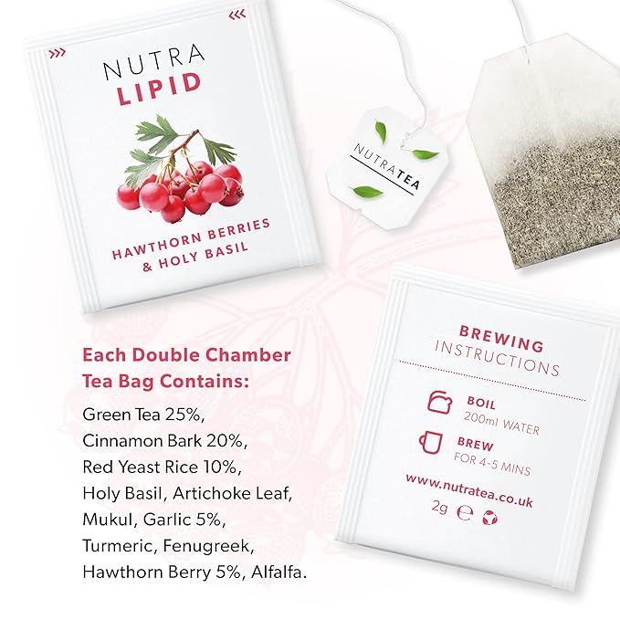 Nutra Tea NUTRALIPID - Lipid Management Tea | Cholesterol Tea – Supports Cholesterol Levels and Heart Health – Includes Red Yeast Rice & Fenugreek - 40 Enveloped Tea Bags Herbal Tea - (2 Pack)