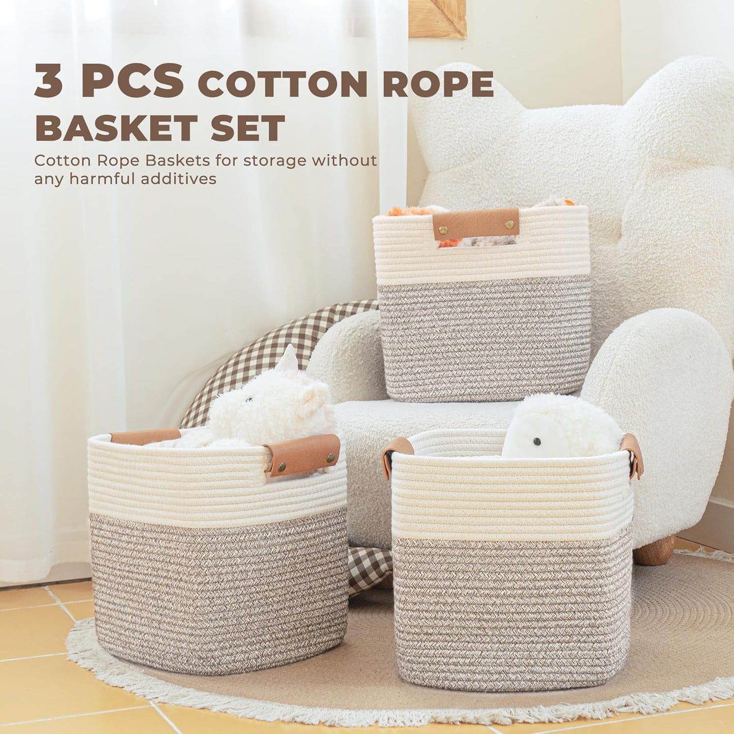danpinera 11 Inch Storage Baskets, Woven Baskets for Organizing, 3 Pack Storage Cubes for Shelves, Closet, Nursery with Removable Leather Handles, White & Mixed Brown