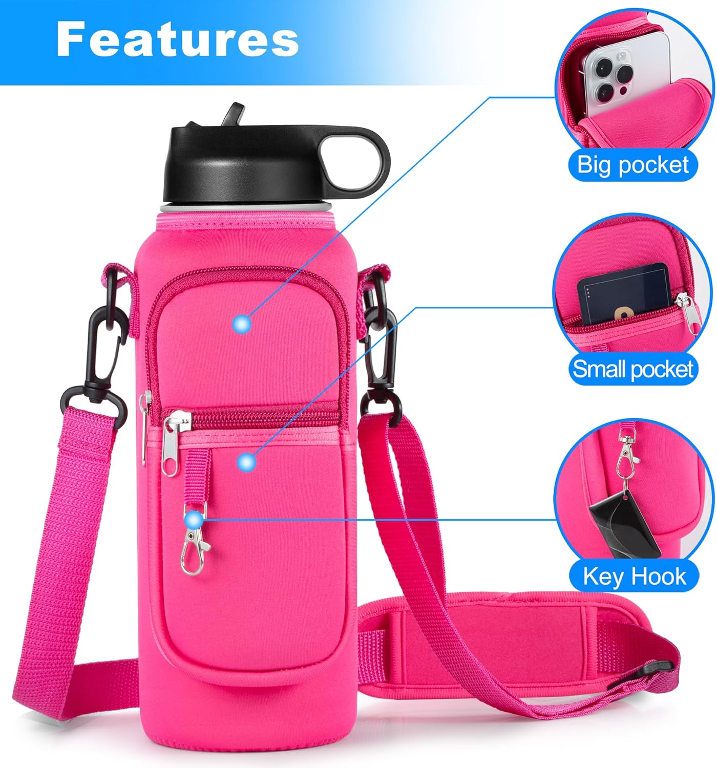 Water Bottle Holder with Strap for Hydroflask 32oz 40oz, Carrier Sling Bag with Phone Pocket Water Bottle Sleeve for Men Women Hiking Camping Travelling