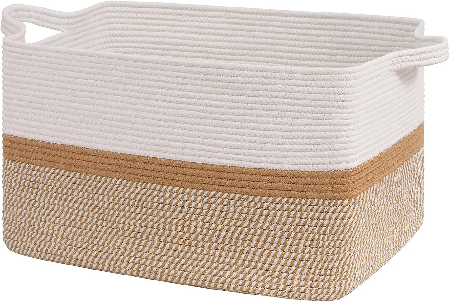 Goodpick Large Woven Blanket Basket 21.6" x 14.9" x 11.8" Storage Baskets for Organizing, Cotton Rope Basket for Home Decor Living Room Nursery, Toy Baskets Storage Kids, White & Camel Mix