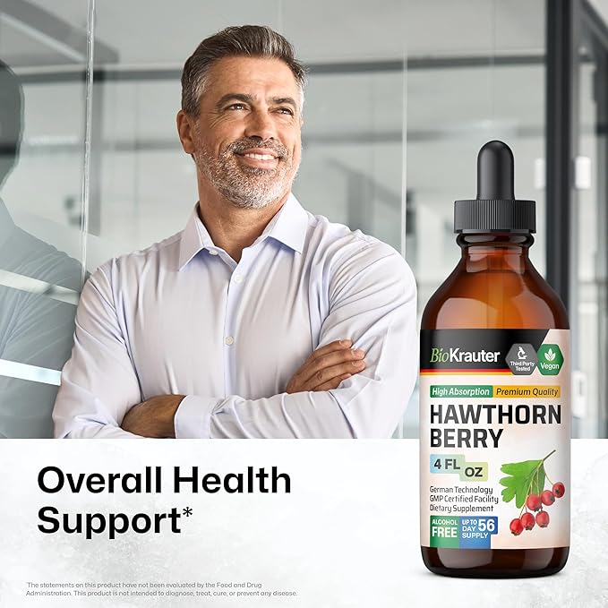BIO KRAUTER Hawthorn Berry Extract Tincture - Natural Hawthorne Berry Supplement - 100% Pure Formula - Vegan Sugar & Alcohol Free - 4 Fl. Oz. - 56 Day of Supply