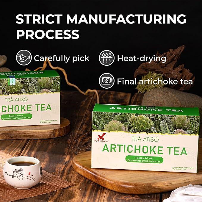VUONGMART Artichoke Flower Tea, 100% Hand Pick, Stevia, Ming Aralia, Organic Herbal Tea, 30 Tea Bags, Gluten Free, Dairy Free, Sugar Free & Natural, Energy Boost & Health Support