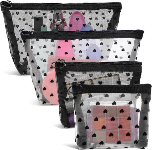 4 PCS Heart Printed Mesh Makeup Bag Set, White & Black Mesh Makeup Bag with Zipper Lipstick Accessories Organizer Mini Travel Organizer Bags for Women(2 Small 2 Medium)