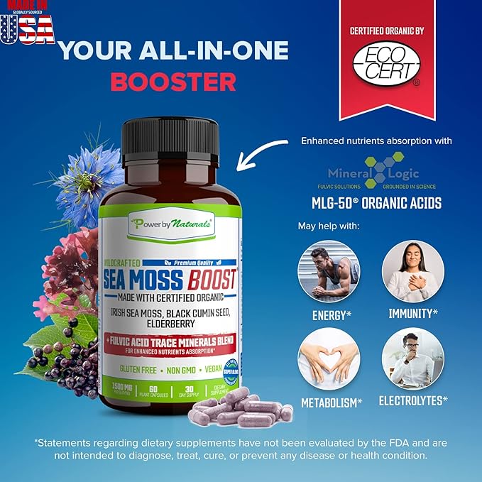 Power By Naturals Sea Moss Advanced with Black Seed Oil & Elderberry Capsules - Certified Organic Irish Sea Moss Capsules for Energy, Gut & Immune Support - Sea Moss Pills with (60+ Minerals) 60 Pills