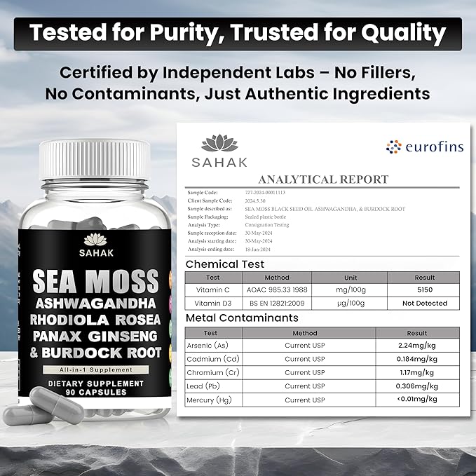 Sea Moss Capsules - Organic Irish Sea Moss with Ashwagandha, Rhodiola Rosea, Panax Ginseng, Burdock Root | Lab Tested | Immune Support, Energy, Cognition,for Women and Men - 90 Raw sea Moss Capsules
