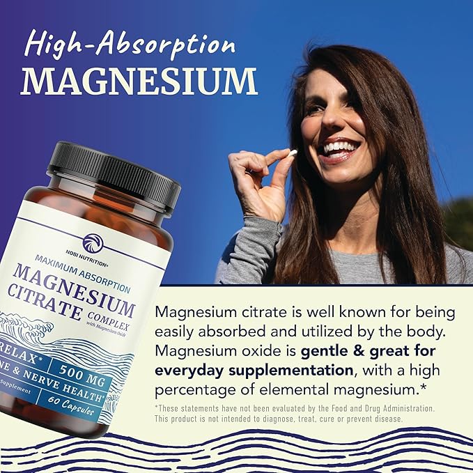 Magnesium Citrate Complex 500 MG for Constipation, Digestion, Calm & Relaxation Support | High Absorption Magnesium Supplement | Citrato de Magnesio | Non-GMO Soy-Free | 60 Mag Citrate Capsules