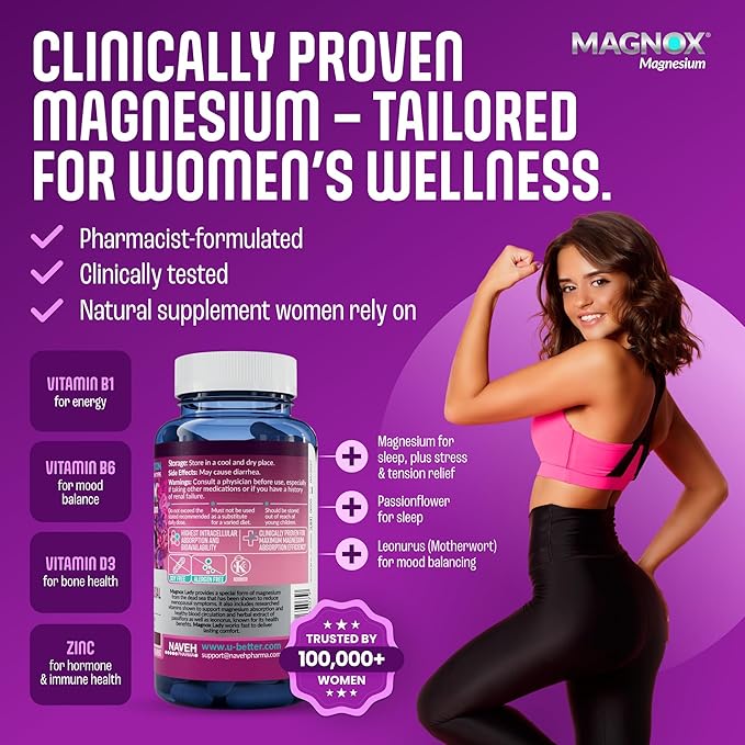 MAGNOX Lady Magnesium Supplement | Menopause and PMS Support Supplement for Women | Magnesium Complex with Vitamins B6, B1, B12, D, Zinc | High-Absorption Dead Sea Organic | 60 Capsules
