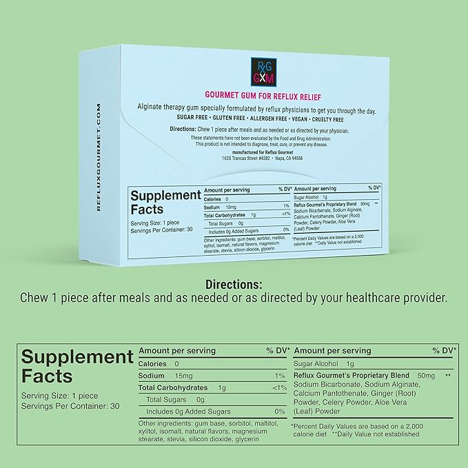 Reflux Gourmet Berry Soothe Gum Alginate Therapy Sodium Bicarbonate Gum for Acid Reflux, Oral, Cognitive, and Digestive Support, Natural with Ginger, Celeriac and Aloe, Sugar Free, Gluten Free, Vegan