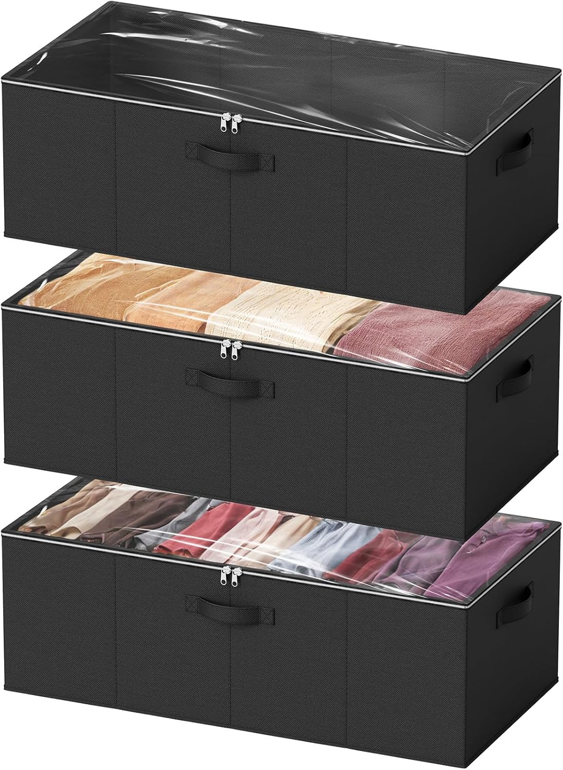 SpaceAid 3 Pack 10" High Under Bed Storage Containers, Large Underbed Storage Organizer Bins with Lids for Bedroom, Dorm, Clothes, Closet Organization, Bed Sheets and Blankets (Black)