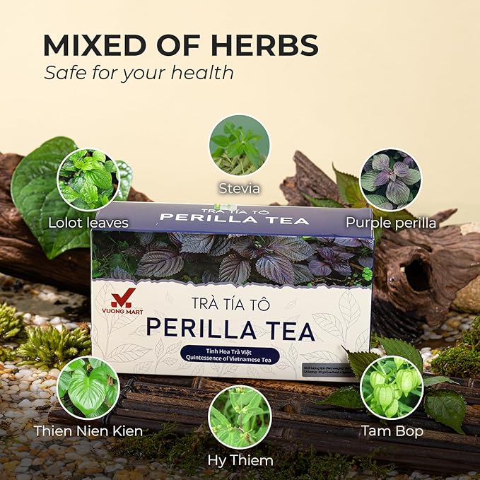 VUONGMART Dried Purple Perilla Tea, Stevia, Lolot, 100% Hand Pick, Organic Herbal Tea, 30 Tea Bags, Gluten Free, Dairy Free, Sugar Free & Natural, Energy Boost & Health Support